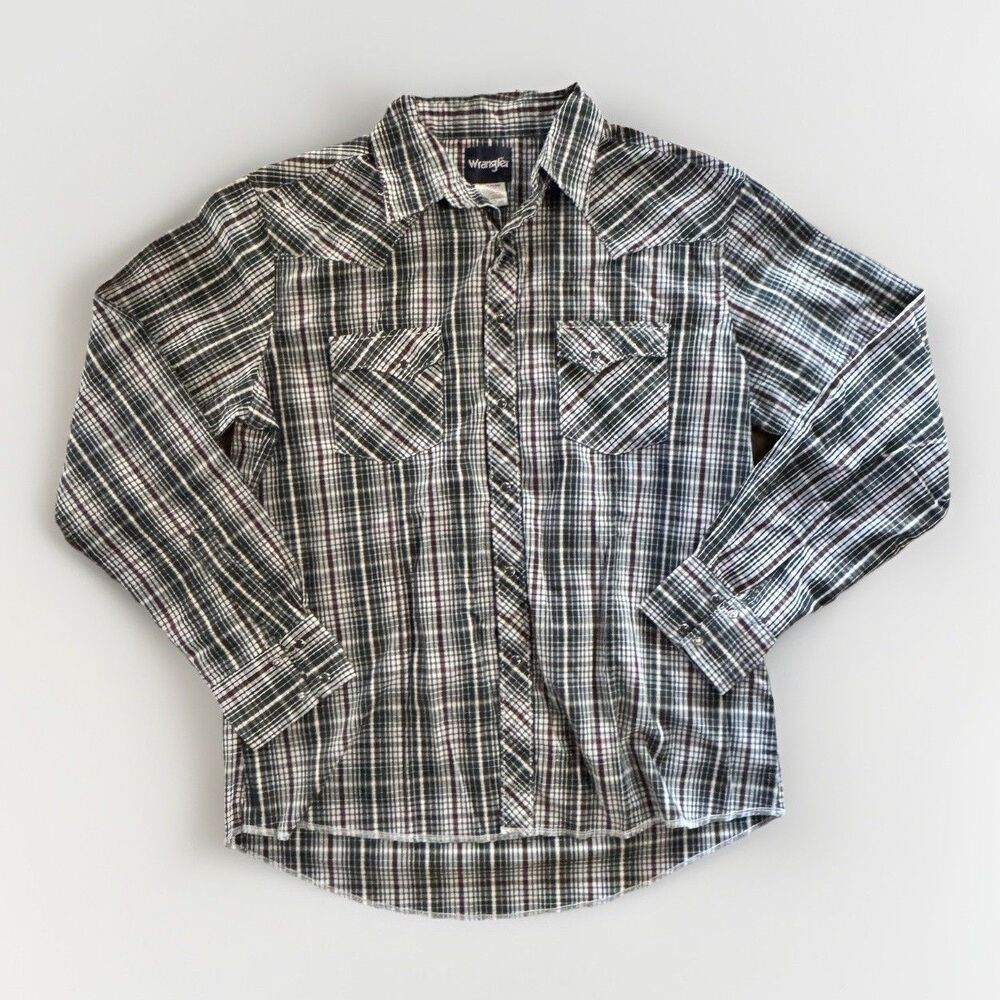 Wrangler Pearl Snap Shirt Mens Size XL Green Maroon Plaid Western Long Sleeve